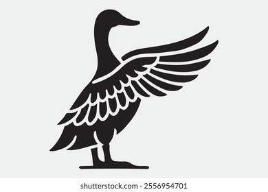 A duck standing upright with its wings spread open.