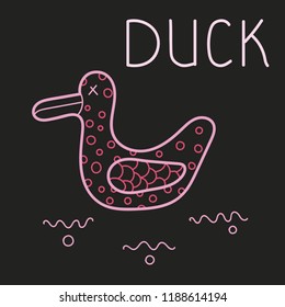Duck in the style of doodle. Pink duck on a black background. Vector. The inscription is a duck.