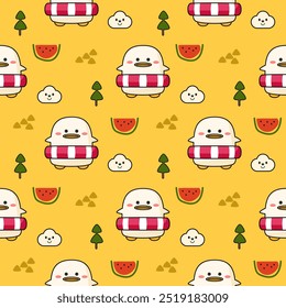 Duck and swim ring cartoon so cute. On tree cloud watermelon yellow background. Pattern seamless vector illustration. 