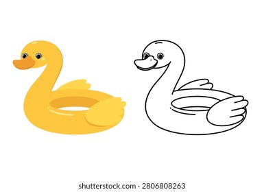 duck swim ring. Inflatable floating yellow lifebuoy, rubber children's pool toy, bird. Vector illustration.