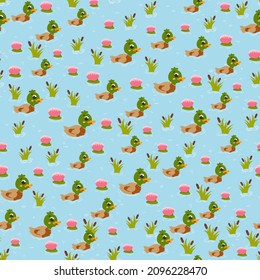 Duck swimming in pond or lake with water lily and reeds, colorful seamless pattern for background of farm life or posters in cartoon style