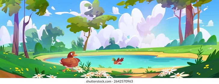 Duck swims in forest lake and bird stands on grassy shore with daisy flowers bloom, green trees, fluffy clouds on blue sky. Cartoon peaceful nature scene background with waterfowl on water pond.