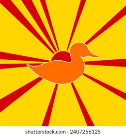 Duck symbol on a background of red flash explosion radial lines. The large orange symbol is located in the center of the sun, symbolizing the sunrise. Vector illustration on yellow background