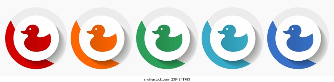 Duck toy, bird vector icon set, flat design colorful round icons in 5 color options for webdesign and mobile applications