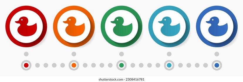 Duck, toy concept vector icon set, flat design colorful buttons, infographic template in 5 color options