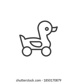 Duck toy line icon. linear style sign for mobile concept and web design. Duck with wheels outline vector icon. Symbol, logo illustration. Vector graphics