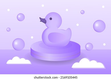 Duck toy on the 3D Cylinder podium. Baby shower 3D vector illustration. Beautiful pastel lavender color background. 