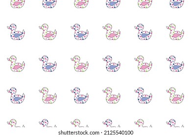 Duck Toy outline seamless pattern. Cute silhouettes decorated with hearts in neon blue pink lilac colors. Transparent background. Vector illustration