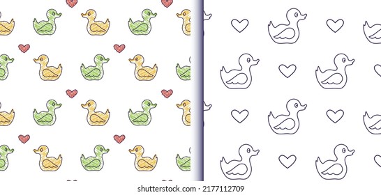 Duck Toy Outline Seamless Patterns, Collection Of 2. Cute Bird Decorative Silhouettes, Heart Shapes. Transparent Geometric Grid Background. Vector Illustration