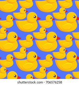 Duck toy seamless pattern, kid cartoon background or child tracery tile. Yellow rubber bathroom duck toys decoration wallpaper design template for wrapping paper or textile print. Vector illustration