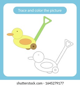 Duck toy with simple shapes. Trace and color the picture children s educational game. Handwriting and drawing practice. Toys theme activity for toddlers, kids. Vector illustration.