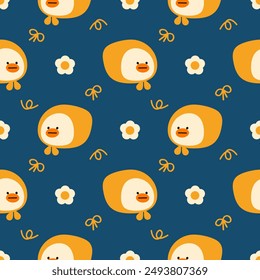 Duck and turban cartoon so cute. On flower blue background. Pattern seamless vector illustration. 

