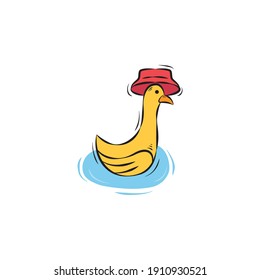 el pato usa el sombrero rojo vector patito granja de aves caricatura aislado en el diseño de doodle de fondo blanco.