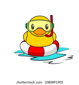 Duck using diving equipment cartoon vector graphics