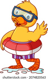 The Duck Is Using The Swimming Tire And Goggles Of Illustration