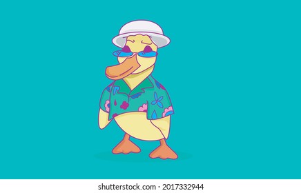 Duck vacations, vacations, cute animal, happy anmial vector, illustration, duck relax, happy face, funny duck, vector animal, solid bgackground, colorful duck