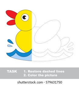 Duck in vector to be traced, restore dashed line and color the picture, the simple visual kid game with easy education level for preschool children.