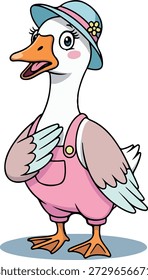 Ente Vektor Cartoon Charakter Bauernhof Vogel Hut Overalls Pose Smile Kid Design