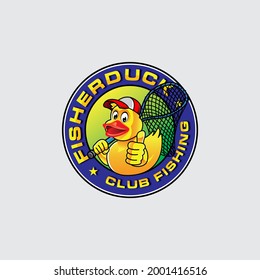 logotipo de dibujos animados de vector de pato con barra de pesca única, linda y elegante
