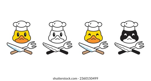 duck vector chef hat bakery icon kitchen cooking logo fork spoon cartoon character yellow rubber duck shower bathroom bird chicken symbol doodle isolated illustration design