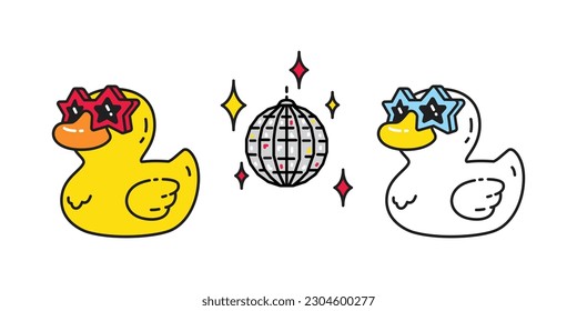 duck vector icon cartoon rubber duck disco ball dancing logo shower bathroom bird chicken character symbol doodle isolated illustration design