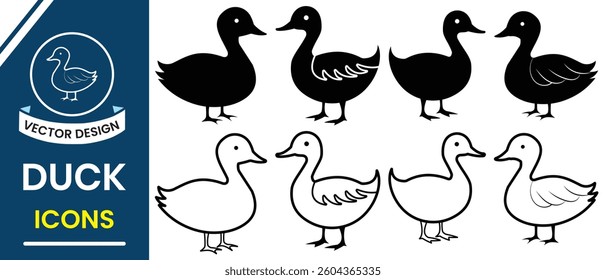 Duck vector, icon set design. Silhouette of duck vector line icon symbol. Set of birds icon for design. Vector illustration.
