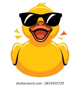 Duck vector illustration featuring a rubber duck icon with sunglasses, playful logo design for children, toys, summer themes and fun character branding projects.