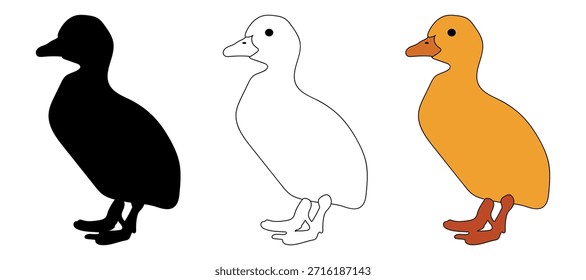 Conjunto de Ilustración vectorial de pato con silueta, contorno y diseños de pato de colores. Ilustraciones simples de pájaros de estilo plano adecuadas para uso en granjas, animales, naturaleza, niños y Diseños gráficos.