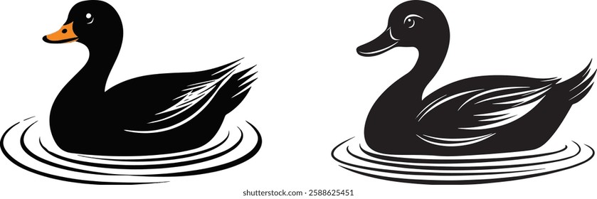 Duck Vector Illustration, Silhouette on Water, Isolated on White Background