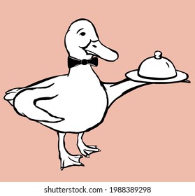 A duck waiter with a bow tie holding a plate in the wing.