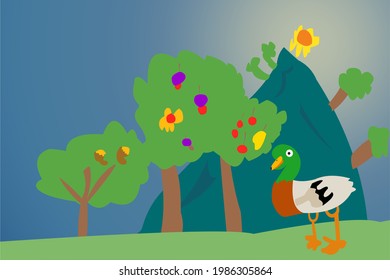 Duck walking in the middle of the forest, vector illustration.