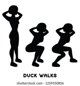 Duck walks. Squat. Sport exersice. Silhouettes of woman doing exercise. Workout, training Vector illustration