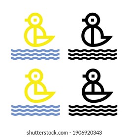 Duck and Water Logo Concept. Monogram. Duck Icon. Outline. Yellow,Blue and Black
