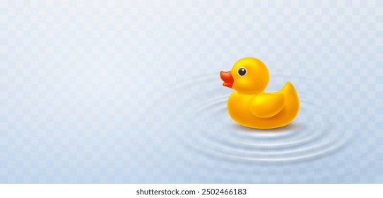 Duck with water ripple effect isolated on transparent background. Yellow bath baby rubber toy. Vector 3d bathtub kid game element template