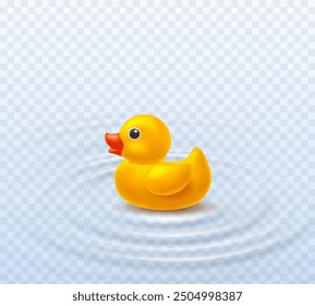 Duck with water ripple effect isolated on transparent background. Yellow bath baby rubber toy. Vector 3d bathtub kid game element template