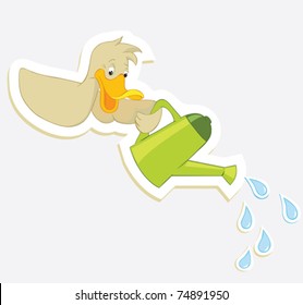 Duck watered from watering cans. Vector Sticker