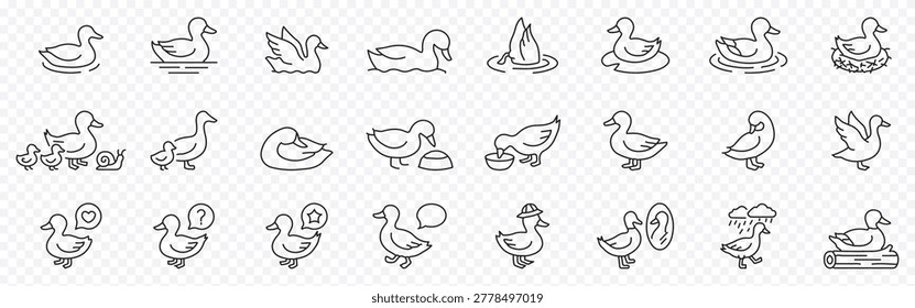 Duck and waterfowl icon set – editable outline symbols of animal behavior, family, swimming, nature and wildlife, duck icon set, duck vector