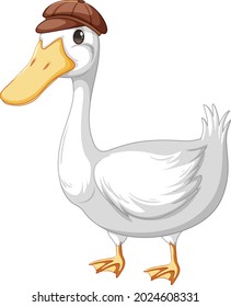 A duck wearing hat in cartoon style isolated on white background illustration