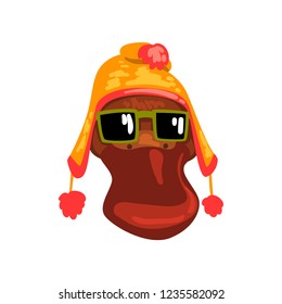 Duck wearing knitted winter hat and sunglasses, hipster bird portrait cartoon vector Illustration on a white background
