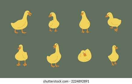 duck yellow 2 cute on a green background, vector illustration