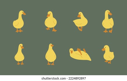 duck yellow 6 cute on a green background, vector illustration