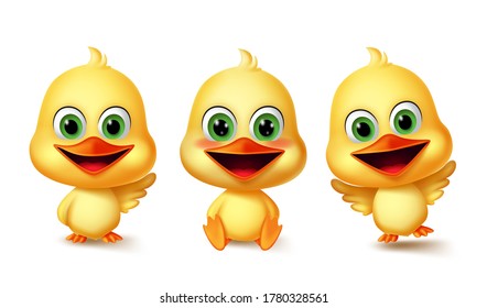 Duck yellow animals character vector set. Ducks animal kids characters in cute facial expression, pose and gestures for graphic design elements. Vector illustration.