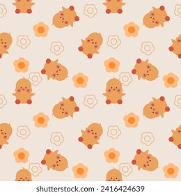 Duck yellow cartoon so cute. On flower background. Pattern seamless vector illustration. 