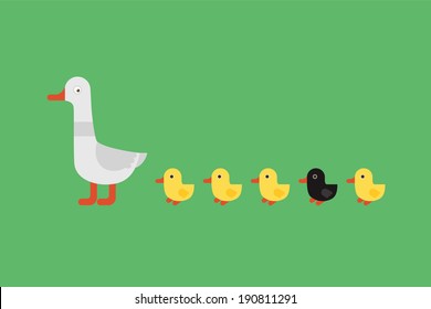 Duck with yellow ducklings and one black on green background.