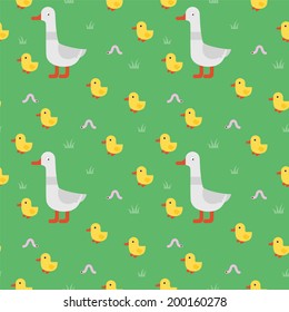 Duck with yellow ducklings and worms. Vector pattern.