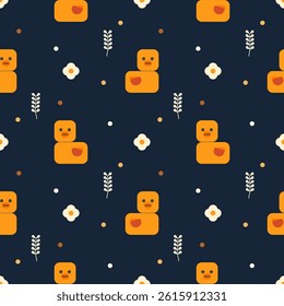 Duck yellow square cartoon so cute. On flower polka dot blue background. Pattern seamless vector illustration. 