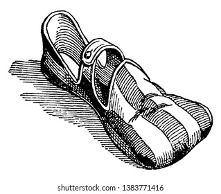 Duckbill Shoe of the 15th century with stripes and a button, vintage line drawing or engraving illustration.