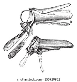 Duckbill Speculum, vintage engraved illustration. Usual Medicine Dictionary by Dr Labarthe - 1885.