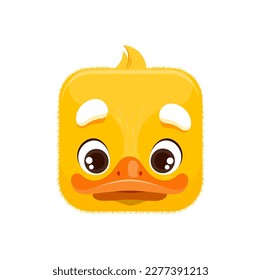 Caricatura de la mueca kawaii. Pájaro de pato bebé aislado retrato vectorial con pico, ojos y plumaje amarillo. Ave de granja, avatar de zoo, botón de aplicación, icono, elemento de diseño gráfico