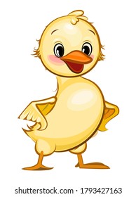 The duckling is cheerful. Cartoon style. Funny yellow duck. Isolated vector illustration.
